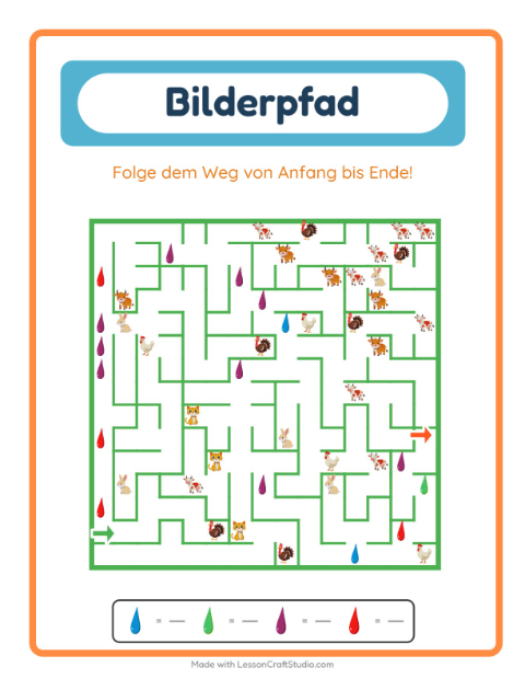 Vorschau: Bildpfad-Arbeitsblatt mit Farben für Kindergarten