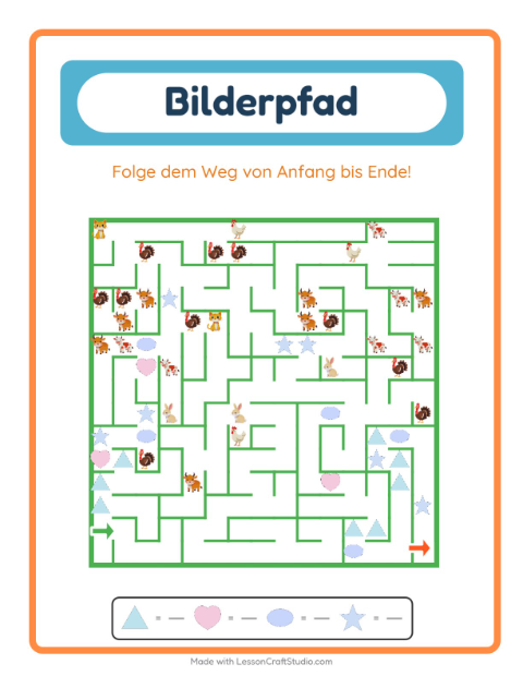 Vorschau: Bildpfad-Arbeitsblatt mit Formen für Kindergarten