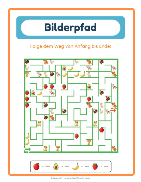 Vorschau: Bildpfad-Arbeitsblatt mit Früchte für Kindergarten
