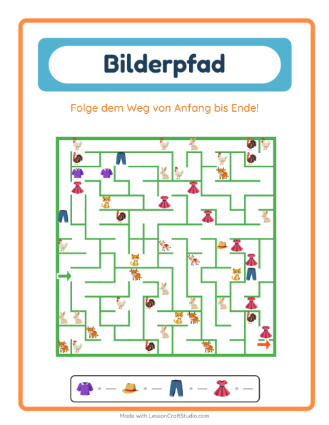 Vorschau: Bildpfad-Arbeitsblatt mit Kleidung für Kindergarten