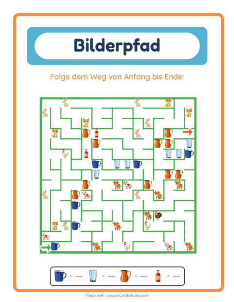 Vorschau: Bildpfad-Arbeitsblatt mit Küchenwerkzeuge für Kindergarten