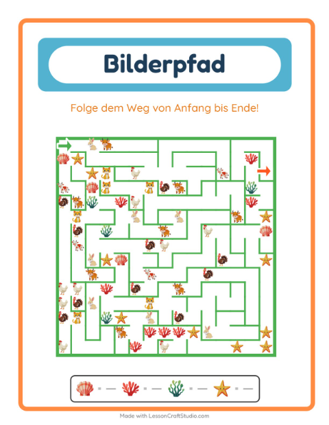 Vorschau: Bildpfad-Arbeitsblatt mit Meeresleben für Kindergarten