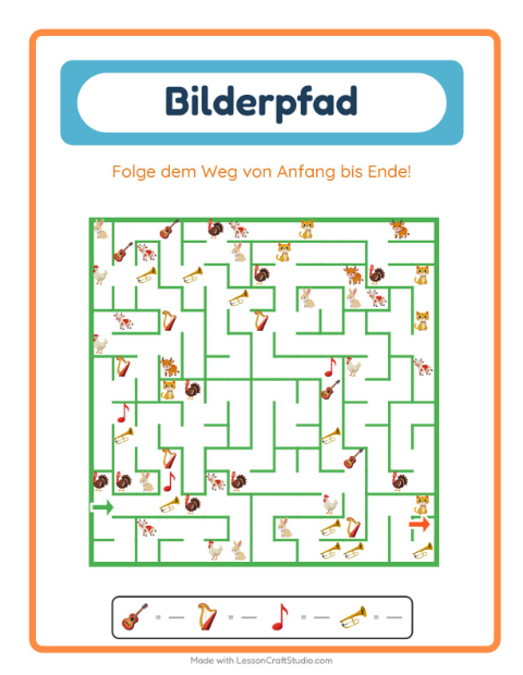 Vorschau: Bildpfad-Arbeitsblatt mit Musik für Kindergarten