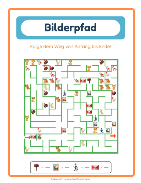 Vorschau: Bildpfad-Arbeitsblatt mit Postamt für Kindergarten