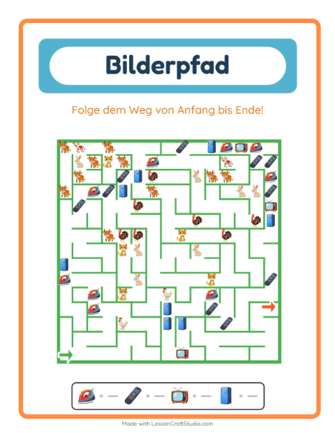 Vorschau: Bildpfad-Arbeitsblatt mit Rund ums Haus für Kindergarten