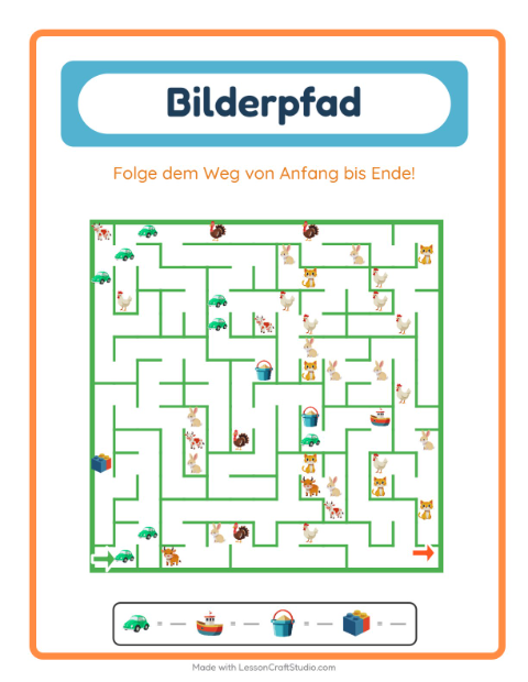 Vorschau: Bildpfad-Arbeitsblatt mit Spielzeug für Kindergarten