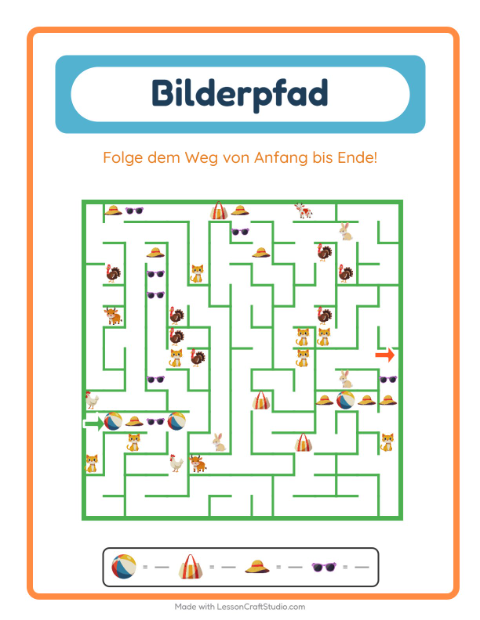 Vorschau: Bildpfad-Arbeitsblatt mit Strand für Kindergarten
