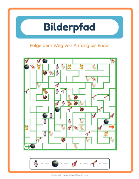 Vorschau: Bildpfad-Arbeitsblatt mit Weltraum für Kindergarten