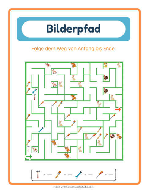 Vorschau: Bildpfad-Arbeitsblatt mit Werkzeuge für Kindergarten
