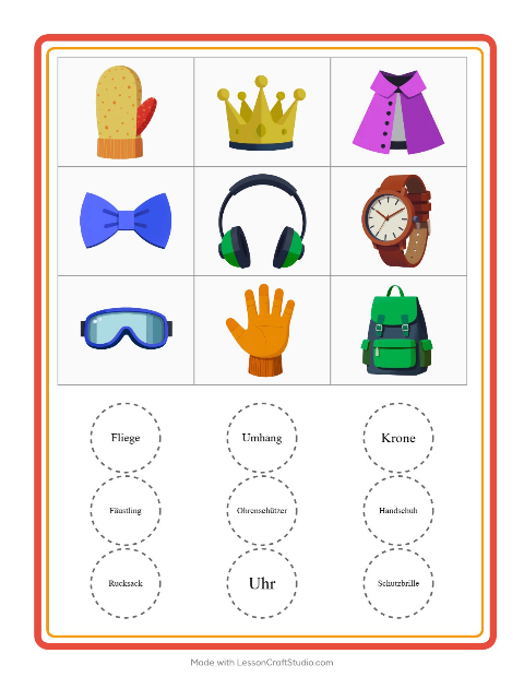 Vorschau: Bingo-Arbeitsblatt mit Accessoires für Kindergarten