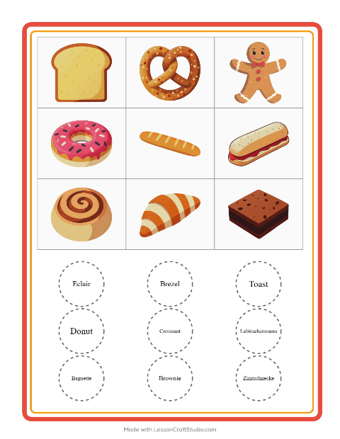 Vorschau: Bingo-Arbeitsblatt mit Bäckerei für Kindergarten