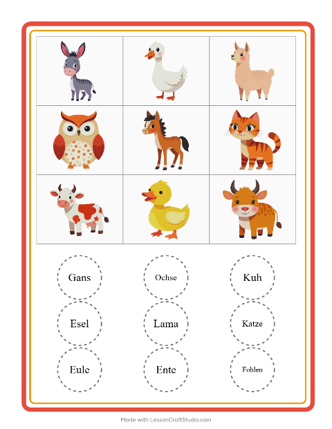 Vorschau: Bingo-Arbeitsblatt mit Bauernhoftiere für Kindergarten