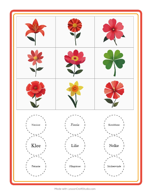 Vorschau: Bingo-Arbeitsblatt mit Blumen für Kindergarten