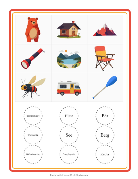 Vorschau: Bingo-Arbeitsblatt mit Camping für Kindergarten