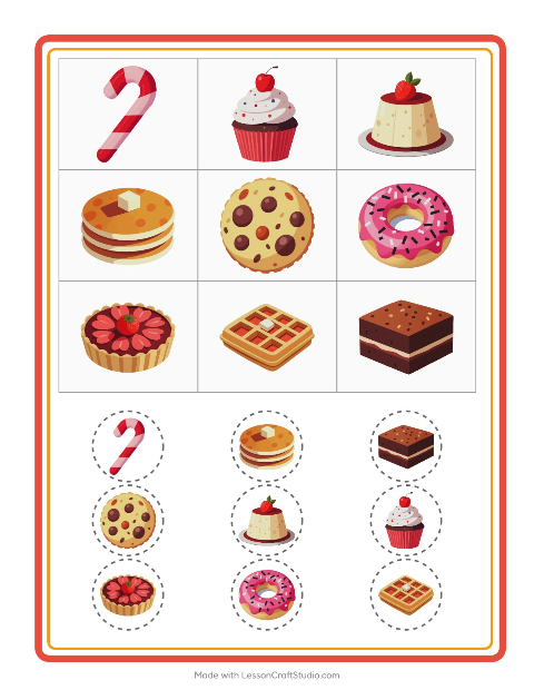 Vorschau: Bingo-Arbeitsblatt mit Desserts und Süßigkeiten für Kindergarten