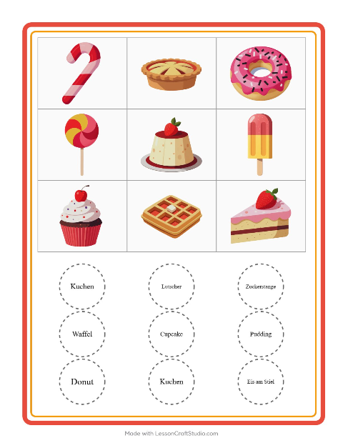 Vorschau: Bingo-Arbeitsblatt mit Desserts und Süßigkeiten für Kindergarten