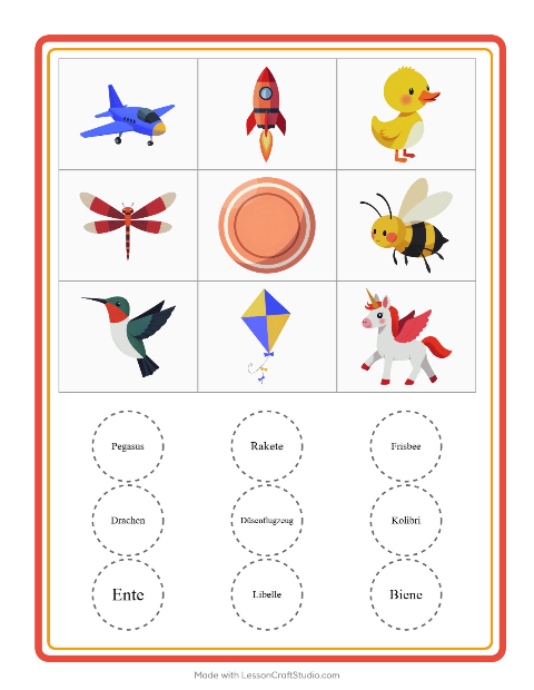 Vorschau: Bingo-Arbeitsblatt mit Dinge die fliegen für Kindergarten