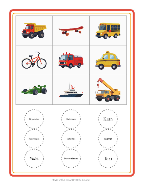 Bilder-Bingo mit Bussen, Lastwagen und Baggern – Arbeitsblatt für die Vorschule — 2