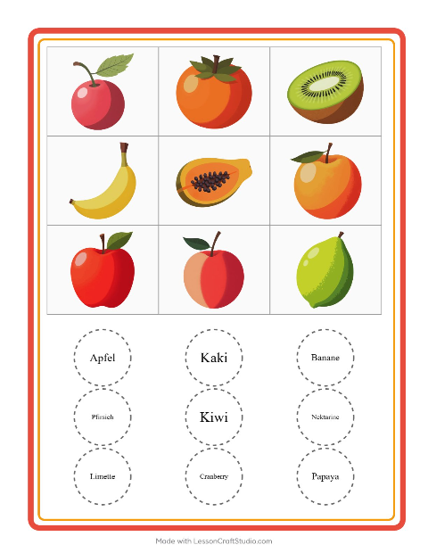 Vorschau: Bingo-Arbeitsblatt mit Früchte für Kindergarten