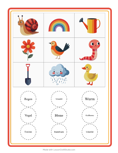 Vorschau: Bingo-Arbeitsblatt mit Frühling für Kindergarten