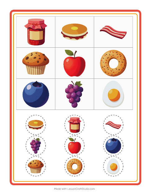 Vorschau: Bingo-Arbeitsblatt mit Frühstück für Kindergarten