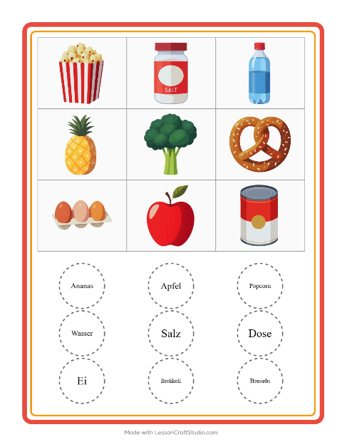 Vorschau: Bingo-Arbeitsblatt mit Im Supermarkt für Kindergarten