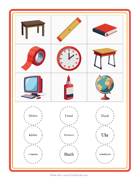 Vorschau: Bingo-Arbeitsblatt mit Klassenzimmer für Kindergarten