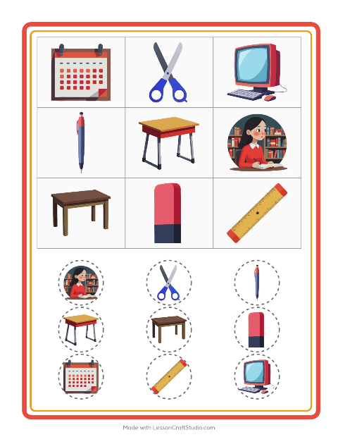 Vorschau: Bingo-Arbeitsblatt mit Klassenzimmer für Kindergarten