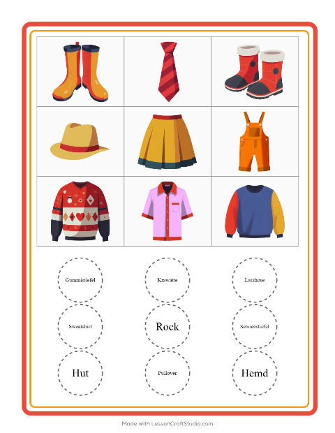 Vorschau: Bingo-Arbeitsblatt mit Kleidung für Kindergarten