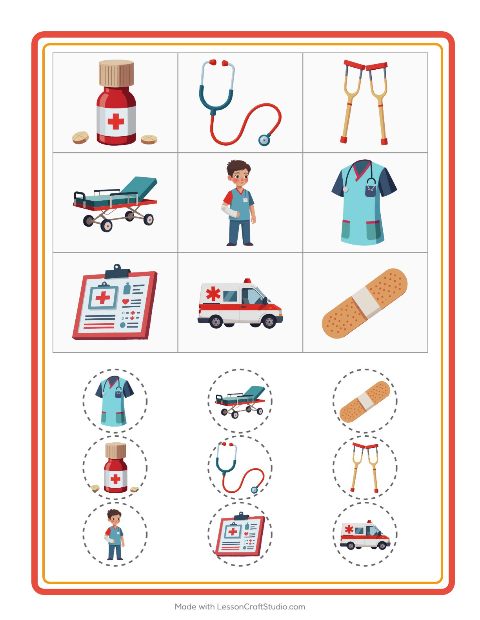 Vorschau: Bingo-Arbeitsblatt mit Krankenhaus für Kindergarten
