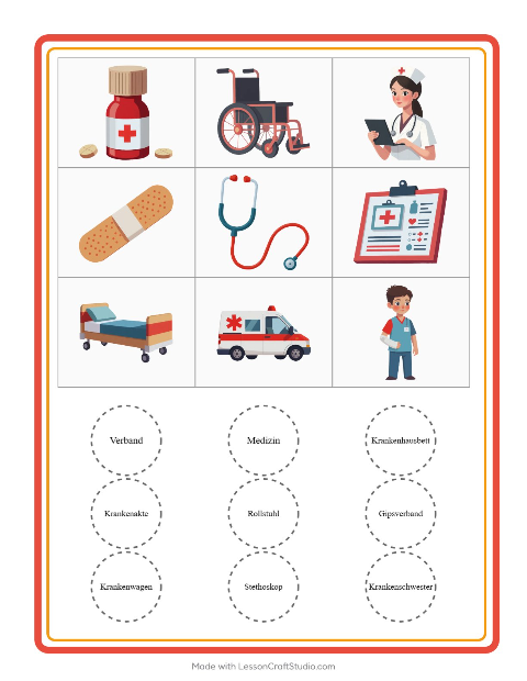 Vorschau: Bingo-Arbeitsblatt mit Krankenhaus für Kindergarten