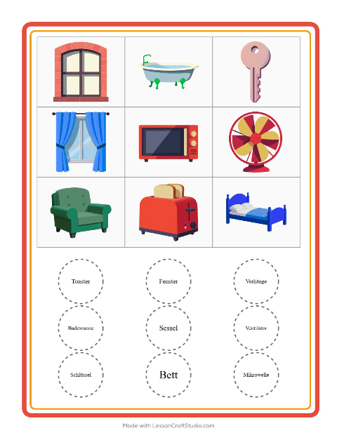 Vorschau: Bingo-Arbeitsblatt mit Rund ums Haus für Kindergarten