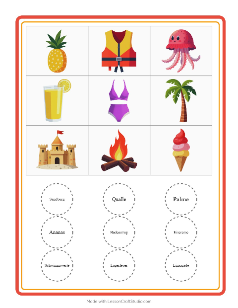 Bilder-Bingo mit Sonnenschirmen, Sandburgen und Bällen – Arbeitsblatt für die Vorschule — 2
