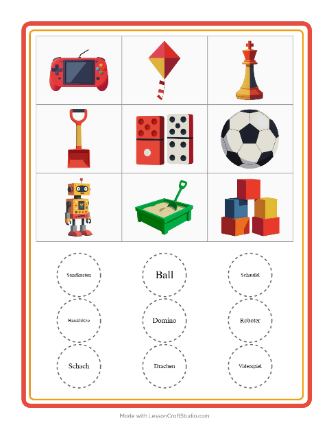 Vorschau: Bingo-Arbeitsblatt mit Spielzeug für Kindergarten