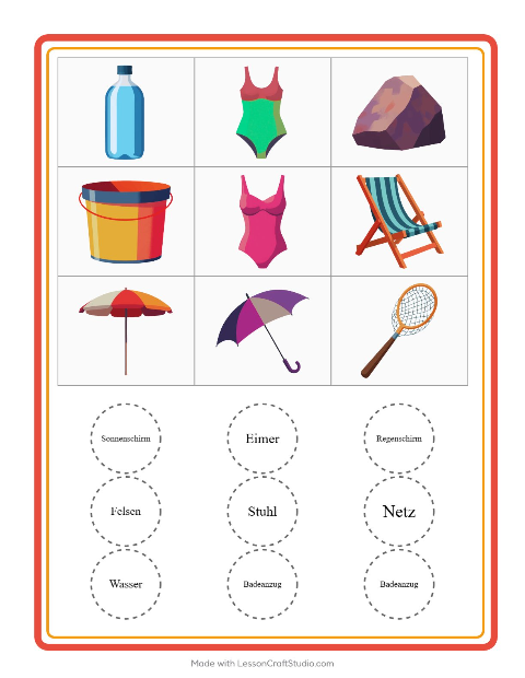 Vorschau: Bingo-Arbeitsblatt mit Strand für Kindergarten