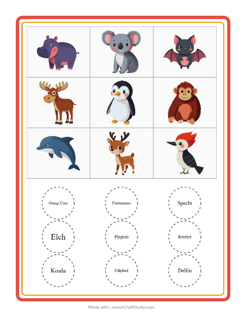 Vorschau: Bingo-Arbeitsblatt mit Tiere für Kindergarten