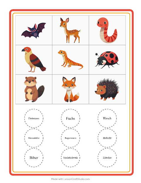 Vorschau: Bingo-Arbeitsblatt mit Waldtiere für Kindergarten
