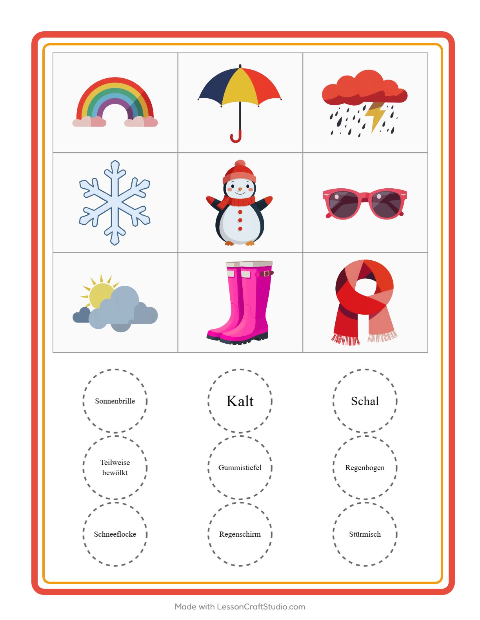 Vorschau: Bingo-Arbeitsblatt mit Wetter für Kindergarten