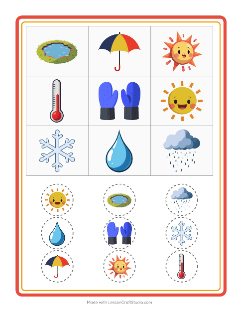 Vorschau: Bingo-Arbeitsblatt mit Wetter für Kindergarten