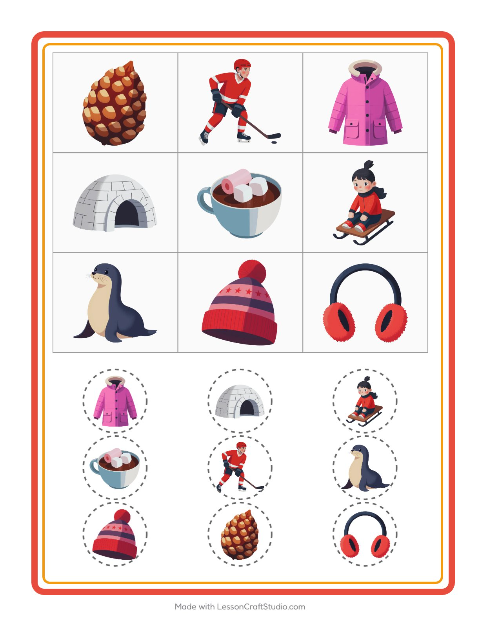 Vorschau: Bingo-Arbeitsblatt mit Winter für Kindergarten