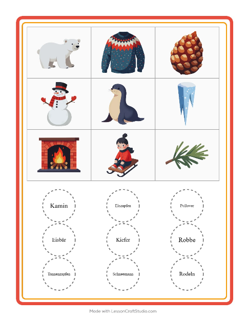 Vorschau: Bingo-Arbeitsblatt mit Winter für Kindergarten