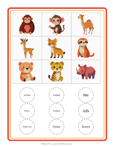 Vorschau: Bingo-Arbeitsblatt mit Zootiere für Kindergarten