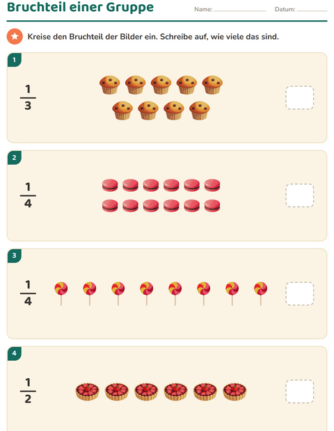 Vorschau: Brüche-Arbeitsblatt mit Desserts und Süßigkeiten für 3. Klasse