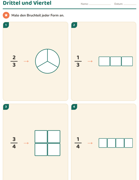 Bruchteile und Anteile – Arbeitsblätter für Klasse 2 — 4