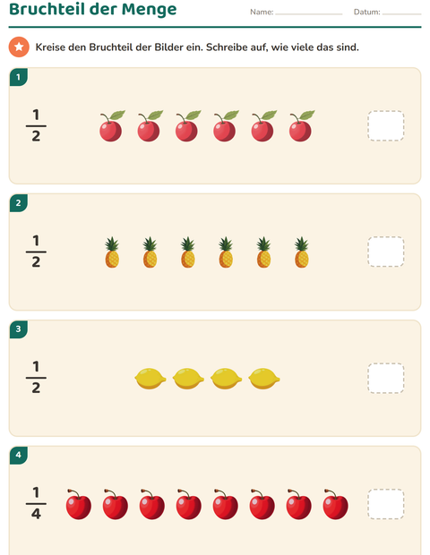 Vorschau: Brüche-Arbeitsblatt mit Früchte für 2. Klasse
