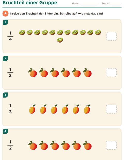 Vorschau: Brüche-Arbeitsblatt mit Früchte für 3. Klasse