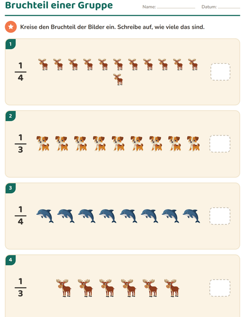Vorschau: Brüche-Arbeitsblatt mit Tiere für 3. Klasse