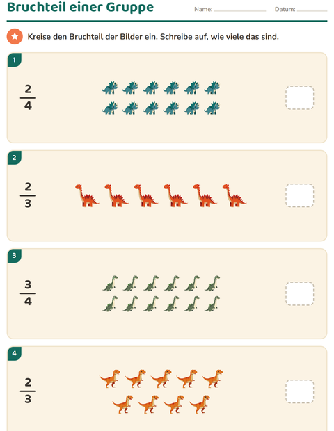 Vorschau: Brüche-Arbeitsblatt mit Dinosaurier für 3. Klasse
