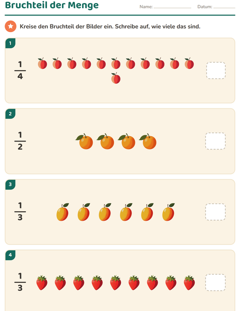 Vorschau: Brüche-Arbeitsblatt mit Früchte für 2. Klasse