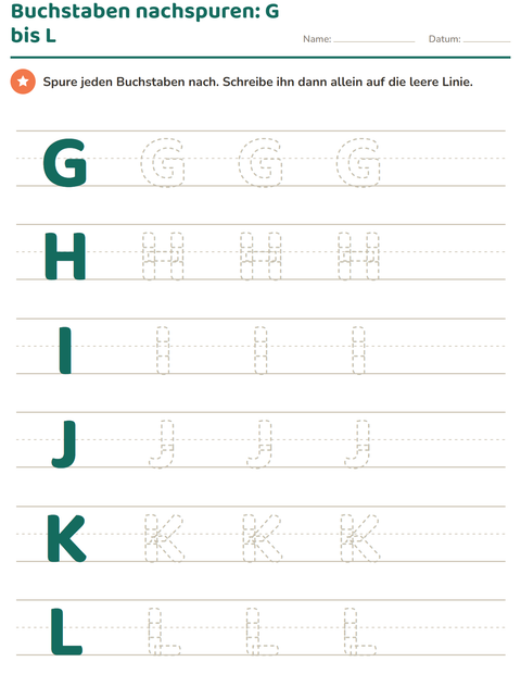 Buchstaben nachspuren von G bis L – Bögen, Striche und Punkte
